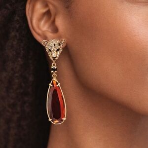 Gold Tone Leopard Head Drop Earrings Red Teardrop Crystal Rhinestone Statement